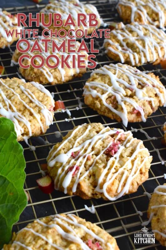 Rhubarb White Chocolate Oatmeal Cookies are both sweet and tart and completely indulgent too! The flavour combination is created by pairing tart rhubarb with oats, sugar, white chocolate chips, and vanilla pudding mix! These cookies are massively large, soft, chewy, and delicious! #rhubarb #oatmeal #cookies #jumbo