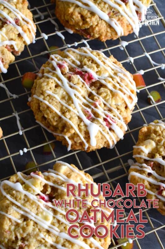 Rhubarb White Chocolate Oatmeal Cookies are both sweet and tart and completely indulgent too! The flavour combination is created by pairing tart rhubarb with oats, sugar, white chocolate chips, and vanilla pudding mix! These cookies are massively large, soft, chewy, and delicious! #rhubarb #oatmeal #cookies #jumbo