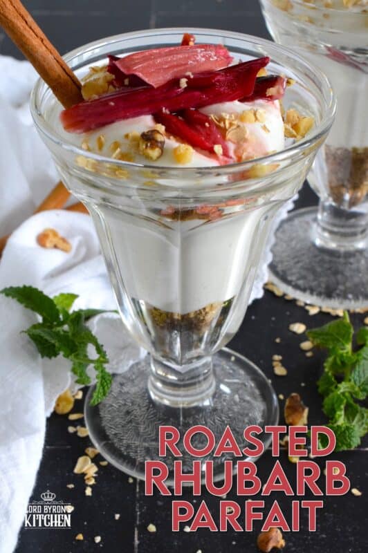 Roasted Rhubarb Parfait is a beautifully presented dessert with exceptional flavour! Easy to prepare, roasted rhubarb is layered with toasted cinnamon walnuts and oats, and vanilla bean yogurt. This simple refreshing summertime dessert is a healthy alternative with just enough guilty indulgence! #rhubarb #parfait #desserts