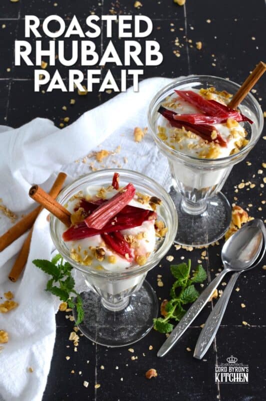 Roasted Rhubarb Parfait is a beautifully presented dessert with exceptional flavour! Easy to prepare, roasted rhubarb is layered with toasted cinnamon walnuts and oats, and vanilla bean yogurt. This simple refreshing summertime dessert is a healthy alternative with just enough guilty indulgence! #rhubarb #parfait #desserts