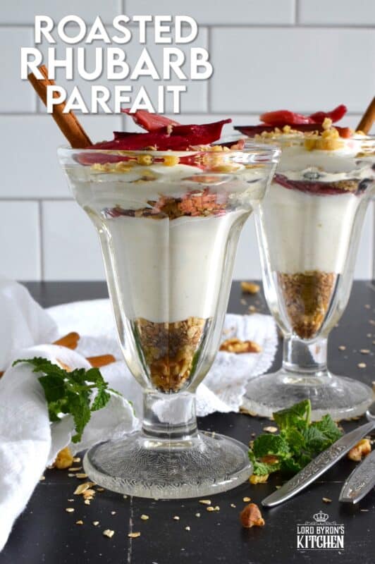 Roasted Rhubarb Parfait is a beautifully presented dessert with exceptional flavour! Easy to prepare, roasted rhubarb is layered with toasted cinnamon walnuts and oats, and vanilla bean yogurt. This simple refreshing summertime dessert is a healthy alternative with just enough guilty indulgence! #rhubarb #parfait #desserts