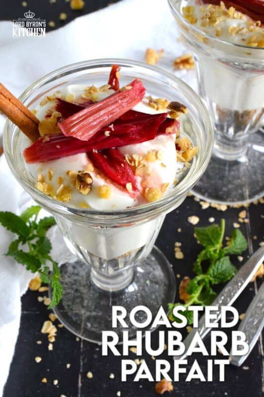 Roasted Rhubarb Parfait is a beautifully presented dessert with exceptional flavour! Easy to prepare, roasted rhubarb is layered with toasted cinnamon walnuts and oats, and vanilla bean yogurt. This simple refreshing summertime dessert is a healthy alternative with just enough guilty indulgence! #rhubarb #parfait #desserts