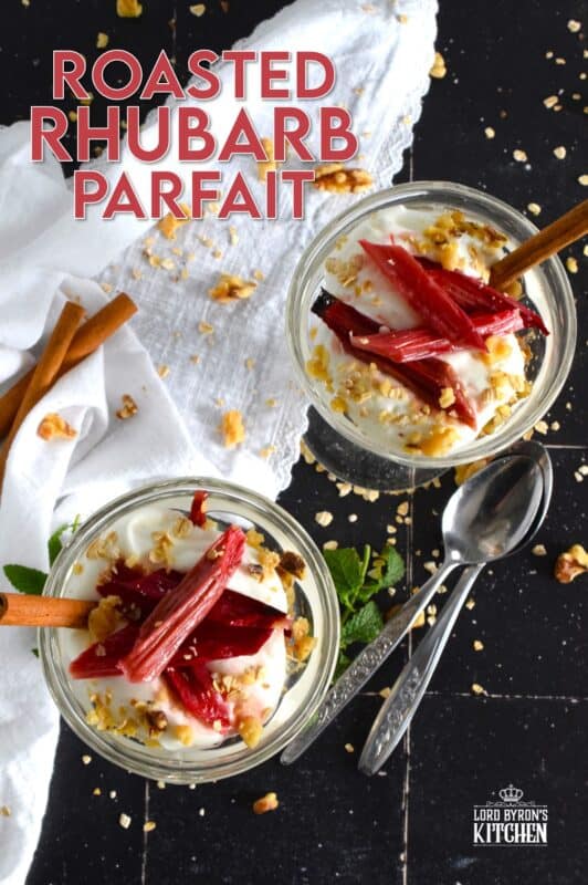 Roasted Rhubarb Parfait is a beautifully presented dessert with exceptional flavour! Easy to prepare, roasted rhubarb is layered with toasted cinnamon walnuts and oats, and vanilla bean yogurt. This simple refreshing summertime dessert is a healthy alternative with just enough guilty indulgence! #rhubarb #parfait #desserts