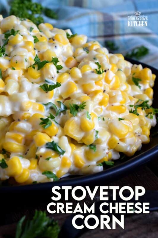 Easily transform frozen corn into the most delicious side dish in twenty minutes. Stovetop Cream Cheese Corn is side dish perfection! Watch the cream cheese and milk melt together with the corn to create a very tasty side dish in 20 minutes flat! #stovetop #cream #cheese #corn #side #dish