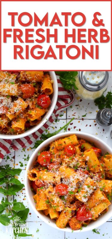 Quick, easy, and delicious describes this Tomato and Fresh Herb Rigatoni! Use fresh cherry tomatoes, thyme and oregano leaves with fresh parsley to make this pasta extra special. The sauce is prepared by blistering the tomatoes in garlic and oil before tossing it with pesto.  Perfect for a weeknight family dinner, this dish takes about 30 minutes from start to finish and you get to dig in and enjoy! #pasta #herbs #fresh #tomato #30minutemeals #familymeals