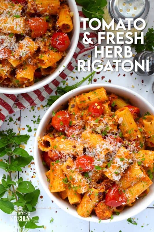Quick, easy, and delicious describes this Tomato and Fresh Herb Rigatoni! Use fresh cherry tomatoes, thyme and oregano leaves with fresh parsley to make this pasta extra special. The sauce is prepared by blistering the tomatoes in garlic and oil before tossing it with pesto.  Perfect for a weeknight family dinner, this dish takes about 30 minutes from start to finish and you get to dig in and enjoy! #pasta #herbs #fresh #tomato #30minutemeals #familymeals