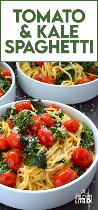 Love it or hate it, kale is an economical and delicious way to get more nutrient-dense goodness into a comforting bowl of pasta like in the case of this Tomato and Kale Spaghetti! Saute the kale in butter with garlic and shallots to make a delicious and aromatic start to this dish. Garnish with salty, nutty, grated parmesan and dig into this healthy and hearty dinner! #spaghetti #pasta #kale #vegetarian #cheesy #tomatoes
