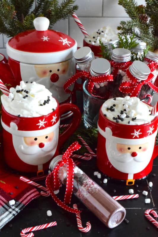 Package up this homemade Instant Holiday Hot Cocoa in giftable jars and share them with everyone. A great gift idea for a classroom or an extracurricular team; they also make really cute stocking stuffers! This assembly-type recipe has everything needed to make the best hot cocoa - just add hot water or scalded milk! #hotcocoa #hotchocolate #cocoa #peppermint #gift