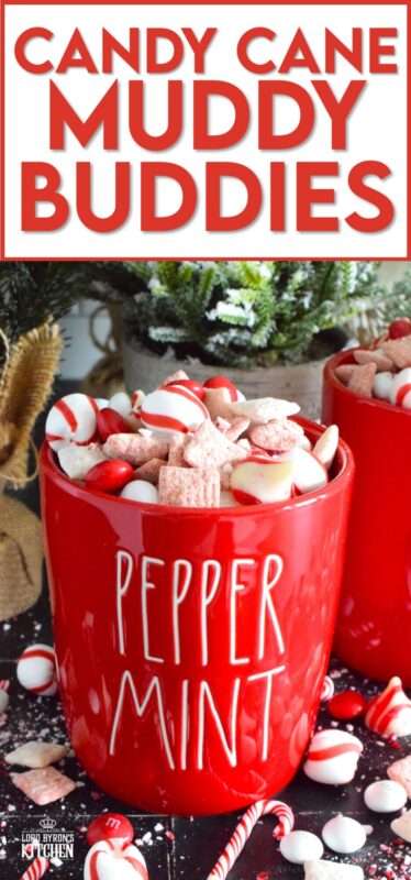 Assemble a big batch of these Candy Cane Muddy Buddies and package them up for your workmates, friends, and neighbours. Loaded with peppermint flavour and lots of chocolate, this snack mix will disappear quite quickly! Alternatively, set out a big bowl with cellophane bags and ribbon and encourage friends and guests to help themselves before leaving your holiday party! #candycane #peppermint #muddy #buddies #christmas #gift