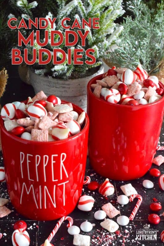Assemble a big batch of these Candy Cane Muddy Buddies and package them up for your workmates, friends, and neighbours. Loaded with peppermint flavour and lots of chocolate, this snack mix will disappear quite quickly! Alternatively, set out a big bowl with cellophane bags and ribbon and encourage friends and guests to help themselves before leaving your holiday party! #candycane #peppermint #muddy #buddies #christmas #gift