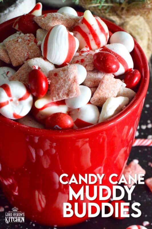 Assemble a big batch of these Candy Cane Muddy Buddies and package them up for your workmates, friends, and neighbours. Loaded with peppermint flavour and lots of chocolate, this snack mix will disappear quite quickly! Alternatively, set out a big bowl with cellophane bags and ribbon and encourage friends and guests to help themselves before leaving your holiday party! #candycane #peppermint #muddy #buddies #christmas #gift
