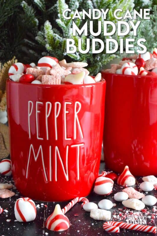 Assemble a big batch of these Candy Cane Muddy Buddies and package them up for your workmates, friends, and neighbours. Loaded with peppermint flavour and lots of chocolate, this snack mix will disappear quite quickly! Alternatively, set out a big bowl with cellophane bags and ribbon and encourage friends and guests to help themselves before leaving your holiday party! #candycane #peppermint #muddy #buddies #christmas #gift