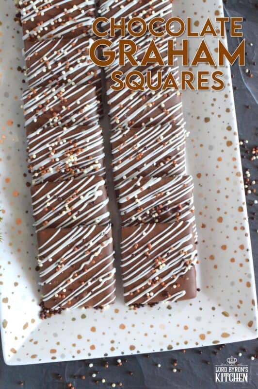 Deliciously light and crispy store-bought graham crackers are entirely dipped in melted milk chocolate and topped with a drizzle of melted white chocolate and sprinkles. These no-bake Chocolate Graham Squares are very easy to prepare and are perfect to package up in cellophane bags and gift to your favourite workmates! #graham #cracker #wafer #crumbs #chocolate #nobake #christmas #holiday #gift