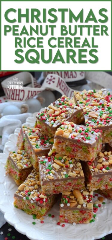 Remove the marshmallows from a Rice Krispie Treat and substitute it with melted chocolate and peanut butter for an even tastier treat!  Prepared with Christmas-coloured cereal, these Christmas Peanut Butter Rice Cereal Squares are just as delicious as they look!  Don't forget the sprinkles; they make everything more fun and festive! #peanutbutter #squares #chocolate #christmas #ricekrispie
