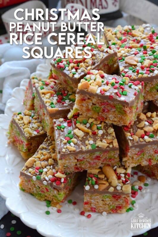 Remove the marshmallows from a Rice Krispie Treat and substitute it with melted chocolate and peanut butter for an even tastier treat!  Prepared with Christmas-coloured cereal, these Christmas Peanut Butter Rice Cereal Squares are just as delicious as they look!  Don't forget the sprinkles; they make everything more fun and festive! #peanutbutter #squares #chocolate #christmas #ricekrispie