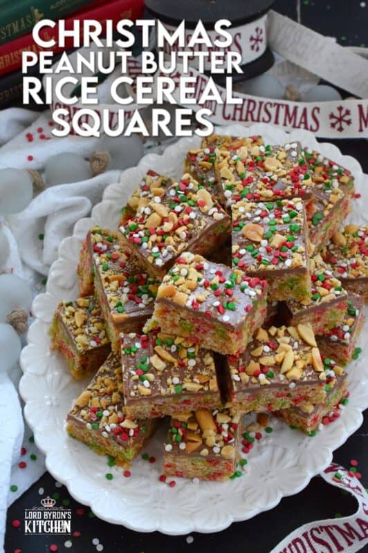 Remove the marshmallows from a Rice Krispie Treat and substitute it with melted chocolate and peanut butter for an even tastier treat!  Prepared with Christmas-coloured cereal, these Christmas Peanut Butter Rice Cereal Squares are just as delicious as they look!  Don't forget the sprinkles; they make everything more fun and festive! #peanutbutter #squares #chocolate #christmas #ricekrispie