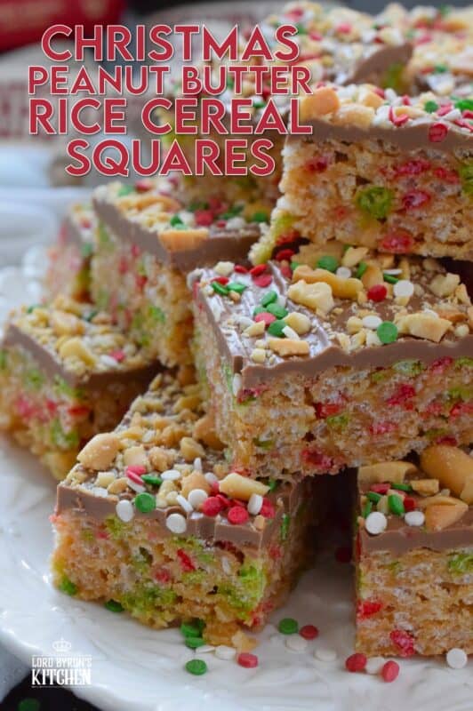 Remove the marshmallows from a Rice Krispie Treat and substitute it with melted chocolate and peanut butter for an even tastier treat!  Prepared with Christmas-coloured cereal, these Christmas Peanut Butter Rice Cereal Squares are just as delicious as they look!  Don't forget the sprinkles; they make everything more fun and festive! #peanutbutter #squares #chocolate #christmas #ricekrispie
