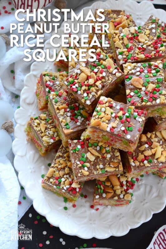 Remove the marshmallows from a Rice Krispie Treat and substitute it with melted chocolate and peanut butter for an even tastier treat!  Prepared with Christmas-coloured cereal, these Christmas Peanut Butter Rice Cereal Squares are just as delicious as they look!  Don't forget the sprinkles; they make everything more fun and festive! #peanutbutter #squares #chocolate #christmas #ricekrispie