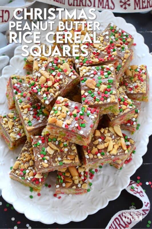 Remove the marshmallows from a Rice Krispie Treat and substitute it with melted chocolate and peanut butter for an even tastier treat!  Prepared with Christmas-coloured cereal, these Christmas Peanut Butter Rice Cereal Squares are just as delicious as they look!  Don't forget the sprinkles; they make everything more fun and festive! #peanutbutter #squares #chocolate #christmas #ricekrispie