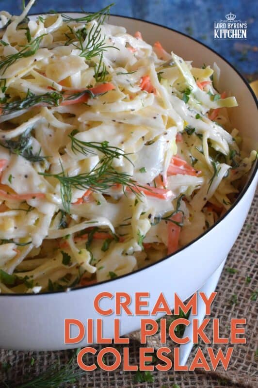 If you love dill, this Creamy Dill Pickle Coleslaw is for you! Slightly sweet and tangy, it is packed with lots of dill pickle flavour. In this recipe, there are three layers of dill flavour. There's lots of fresh dill, dill pickle juice, and finely chopped dill pickles. Is your mouth watering yet? #dillpickle #coleslaw #creamycoleslaw #pickles #salad
