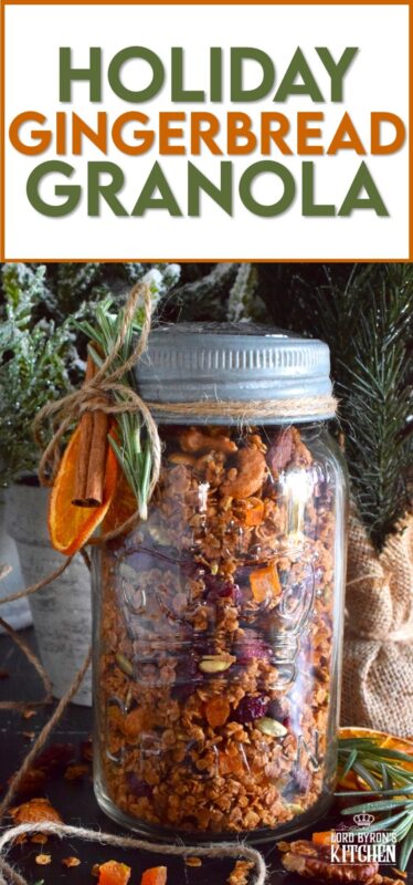 Almonds, cashews, pecans, pumpkin seeds, cranberries, and apricots help to flavour and bulk up this Holiday Gingerbread Granola. Baked with maple syrup and butter, and seasoned with cinnamon, nutmeg, and allspice, this healthy snack makes a very delicious giftable treat! #granola #homemade #gift #gingerbread