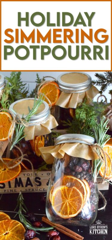Prepare jars of Holiday Simmering Potpourri as a hostess gift or a holiday party favour, but be sure to keep one or two jars for yourself! You don't want to miss out on treating yourself to the spicy, sweet, Christmas-like scent that fills your entire home. Just add water and place over low heat for hours of gorgeously delicious fragrance! #potpourri #gift #holiday #cinnamon #rosehip
