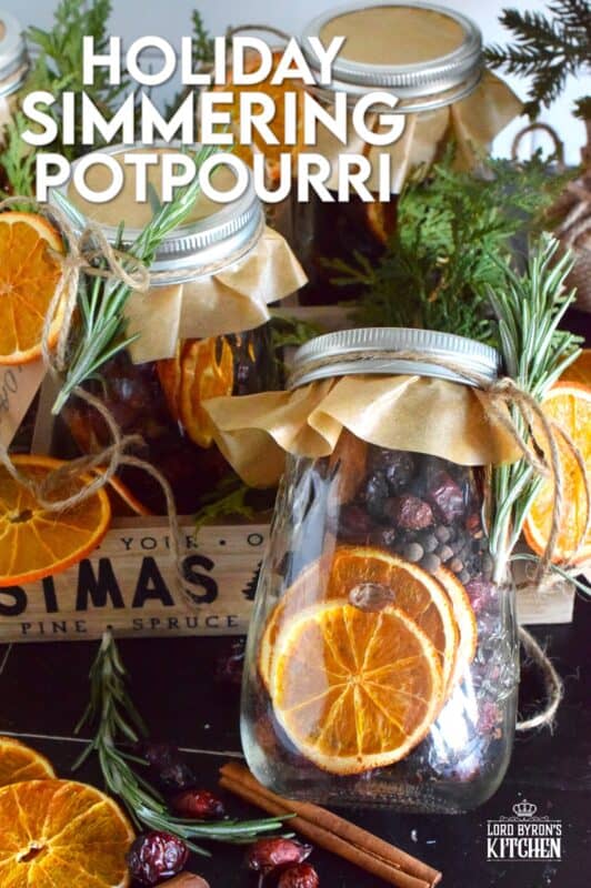 Prepare jars of Holiday Simmering Potpourri as a hostess gift or a holiday party favour, but be sure to keep one or two jars for yourself! You don't want to miss out on treating yourself to the spicy, sweet, Christmas-like scent that fills your entire home. Just add water and place over low heat for hours of gorgeously delicious fragrance! #potpourri #gift #holiday #cinnamon #rosehip