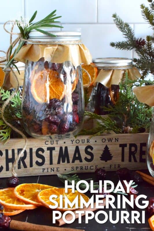 Prepare jars of Holiday Simmering Potpourri as a hostess gift or a holiday party favour, but be sure to keep one or two jars for yourself! You don't want to miss out on treating yourself to the spicy, sweet, Christmas-like scent that fills your entire home. Just add water and place over low heat for hours of gorgeously delicious fragrance! #potpourri #gift #holiday #cinnamon #rosehip