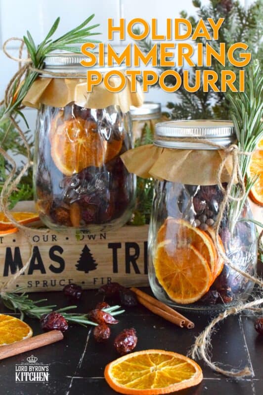 Prepare jars of Holiday Simmering Potpourri as a hostess gift or a holiday party favour, but be sure to keep one or two jars for yourself! You don't want to miss out on treating yourself to the spicy, sweet, Christmas-like scent that fills your entire home. Just add water and place over low heat for hours of gorgeously delicious fragrance! #potpourri #gift #holiday #cinnamon #rosehip