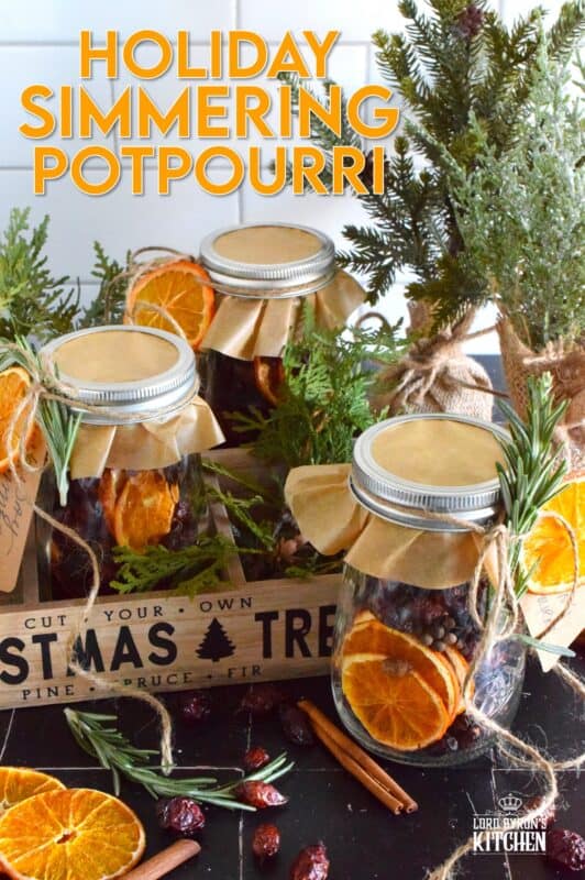Prepare jars of Holiday Simmering Potpourri as a hostess gift or a holiday party favour, but be sure to keep one or two jars for yourself! You don't want to miss out on treating yourself to the spicy, sweet, Christmas-like scent that fills your entire home. Just add water and place over low heat for hours of gorgeously delicious fragrance! #potpourri #gift #holiday #cinnamon #rosehip