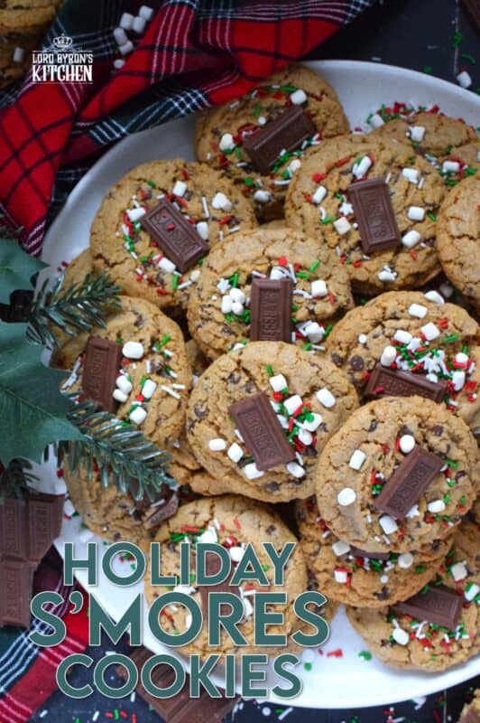 As the name implies, Holiday S'mores Cookies are prepared to resemble the flavour of everyone's favourite backyard fire treat! Baked with graham crumbs, chocolate, and brown sugar, these are a soft-baked cookie with a crispy edge. The texture of the crumbs with the milk chocolate is sensational. Topped with a bar of Hershey's chocolate, these cookies are a must this holiday season! #holiday #smores #cookies #christmas #baking