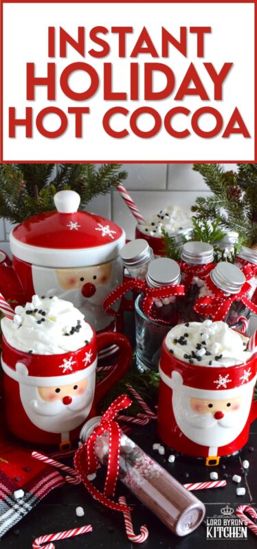 Package up this homemade Instant Holiday Hot Cocoa in giftable jars and share them with everyone. A great gift idea for a classroom or an extracurricular team; they also make really cute stocking stuffers! This assembly-type recipe has everything needed to make the best hot cocoa - just add hot water or scalded milk! #hotcocoa #hotchocolate #cocoa #peppermint #gift