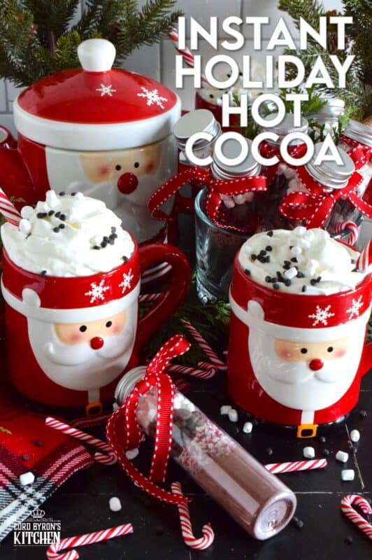 Package up this homemade Instant Holiday Hot Cocoa in giftable jars and share them with everyone. A great gift idea for a classroom or an extracurricular team; they also make really cute stocking stuffers! This assembly-type recipe has everything needed to make the best hot cocoa - just add hot water or scalded milk! #hotcocoa #hotchocolate #cocoa #peppermint #gift