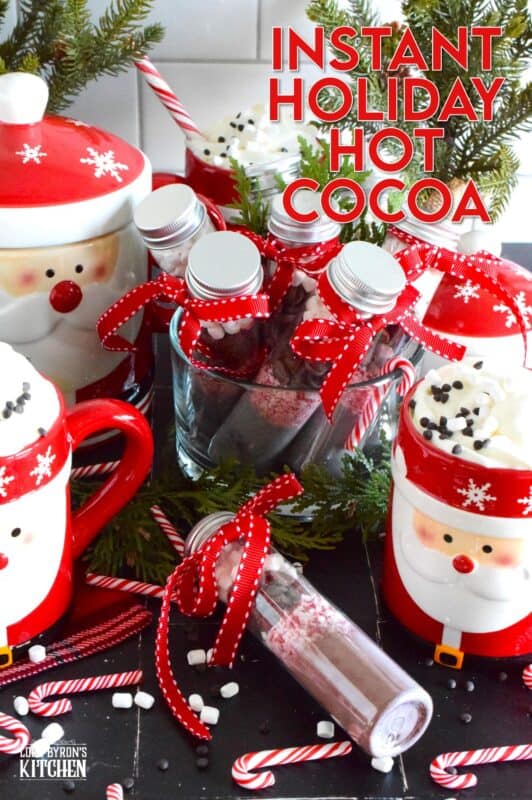 Package up this homemade Instant Holiday Hot Cocoa in giftable jars and share them with everyone. A great gift idea for a classroom or an extracurricular team; they also make really cute stocking stuffers! This assembly-type recipe has everything needed to make the best hot cocoa - just add hot water or scalded milk! #hotcocoa #hotchocolate #cocoa #peppermint #gift