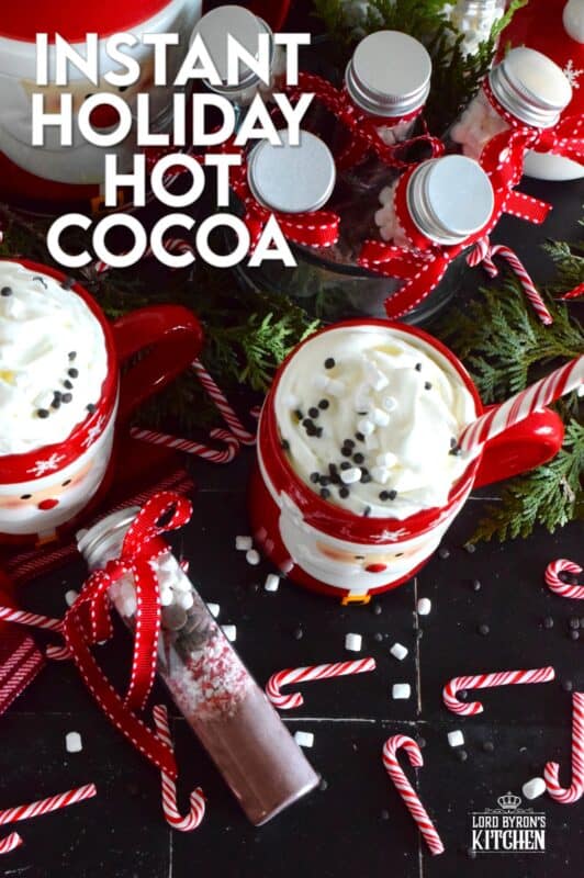 Package up this homemade Instant Holiday Hot Cocoa in giftable jars and share them with everyone. A great gift idea for a classroom or an extracurricular team; they also make really cute stocking stuffers! This assembly-type recipe has everything needed to make the best hot cocoa - just add hot water or scalded milk! #hotcocoa #hotchocolate #cocoa #peppermint #gift