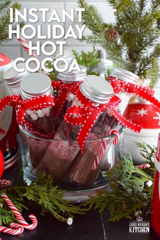 Package up this homemade Instant Holiday Hot Cocoa in giftable jars and share them with everyone. A great gift idea for a classroom or an extracurricular team; they also make really cute stocking stuffers! This assembly-type recipe has everything needed to make the best hot cocoa - just add hot water or scalded milk! #hotcocoa #hotchocolate #cocoa #peppermint #gift