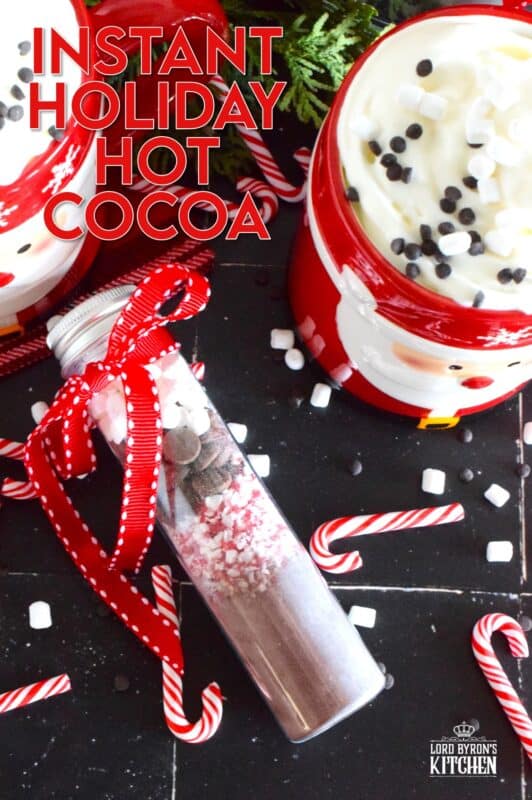 Package up this homemade Instant Holiday Hot Cocoa in giftable jars and share them with everyone. A great gift idea for a classroom or an extracurricular team; they also make really cute stocking stuffers! This assembly-type recipe has everything needed to make the best hot cocoa - just add hot water or scalded milk! #hotcocoa #hotchocolate #cocoa #peppermint #gift