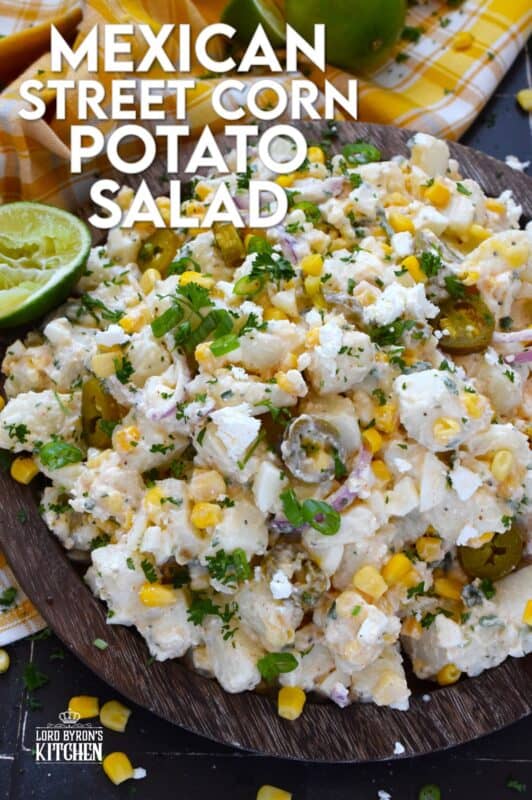 Chopped potatoes are tossed with sweet corn, spicy jalapenos, boiled eggs, fresh green and red onions, and salty cotija cheese to create this most delicious Mexican Street Corn Potato Salad! With its creamy, zingy, and tart dressing, this potato salad will most definitely be the most popular side at any backyard barbecue this summer! #salad #potato #streetcorn #mexican #cotija