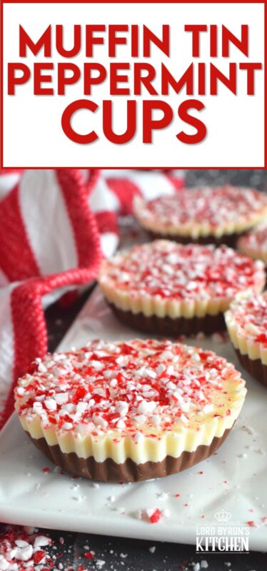 If you can melt chocolate, you can easily make these Muffin Tin Peppermint Cups! A layer of melted milk chocolate is followed by a layer of white melted chocolate and topped with a generous amount of crushed red and white candy canes. Decadent and rich, these festive treats are both fun to prepare and to eat! #melted #chocolate #milk #white #candycane #peppermint #nobake
