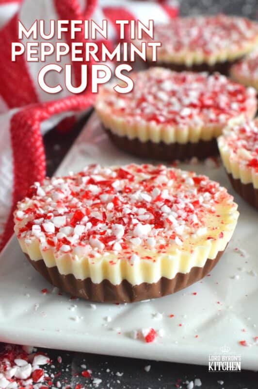 If you can melt chocolate, you can easily make these Muffin Tin Peppermint Cups! A layer of melted milk chocolate is followed by a layer of white melted chocolate and topped with a generous amount of crushed red and white candy canes. Decadent and rich, these festive treats are both fun to prepare and to eat! #melted #chocolate #milk #white #candycane #peppermint #nobake