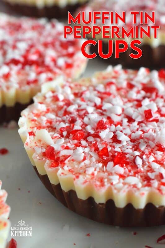 If you can melt chocolate, you can easily make these Muffin Tin Peppermint Cups! A layer of melted milk chocolate is followed by a layer of white melted chocolate and topped with a generous amount of crushed red and white candy canes. Decadent and rich, these festive treats are both fun to prepare and to eat! #melted #chocolate #milk #white #candycane #peppermint #nobake