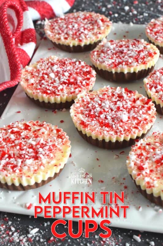 If you can melt chocolate, you can easily make these Muffin Tin Peppermint Cups! A layer of melted milk chocolate is followed by a layer of white melted chocolate and topped with a generous amount of crushed red and white candy canes. Decadent and rich, these festive treats are both fun to prepare and to eat! #melted #chocolate #milk #white #candycane #peppermint #nobake