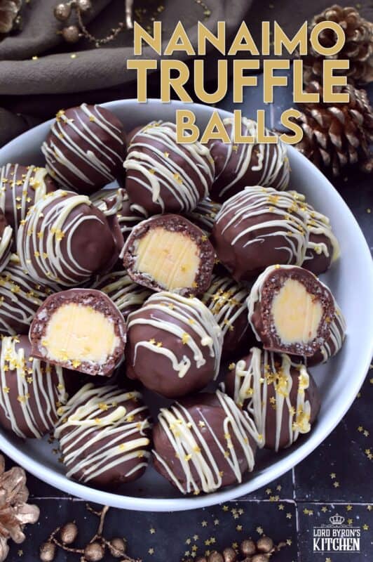 This recipe takes a popular and beloved Canadian classic, the Nanaimo Bar, and transforms it into the most delicious truffle balls complete with a sweet, custard-based center. Just one bite and you'll be so hooked that you'll want to make these again and again! #nanaimo #truffles #balls #holiday #nobake