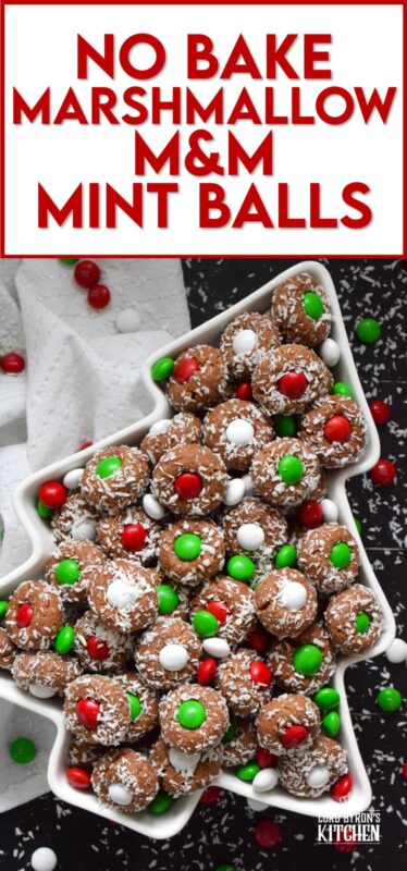 Use melted peppermint flavoured marshmallows in this recipe for even more minty flavour!  Prepared with cocoa, graham crumbs, and coconut, these No Bake Marshmallow M&M Mint Balls are sure to please and delight the peppermint lover in your family! #nobake #mint #dandies #marshmallow #balls #chocolate #candy