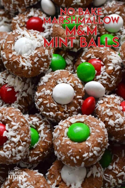 Use melted peppermint flavoured marshmallows in this recipe for even more minty flavour!  Prepared with cocoa, graham crumbs, and coconut, these No Bake Marshmallow M&M Mint Balls are sure to please and delight the peppermint lover in your family! #nobake #mint #dandies #marshmallow #balls #chocolate #candy