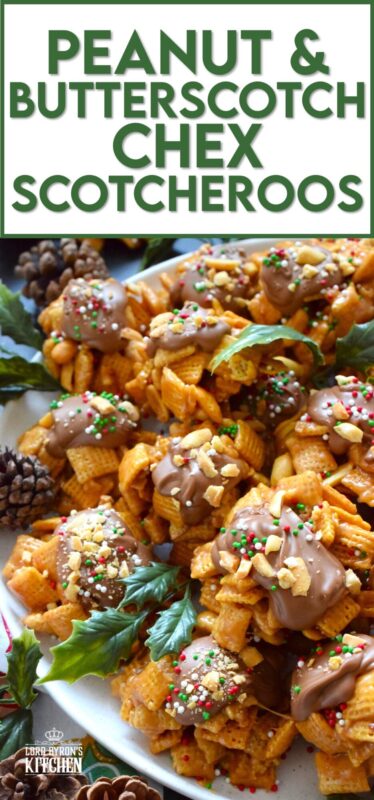 Everyone loves a no-bake treat and this one is just perfect! Peanut and Butterscotch Chex Scotcheroos are prepared with peanut butter, butterscotch baking chips, and milk chocolate as well! Top these treats with chopped salted peanuts and sprinkles for added texture, flavour, and whimsy! #scotcheroos #chex #butterscotch #peanutbutter #nobake