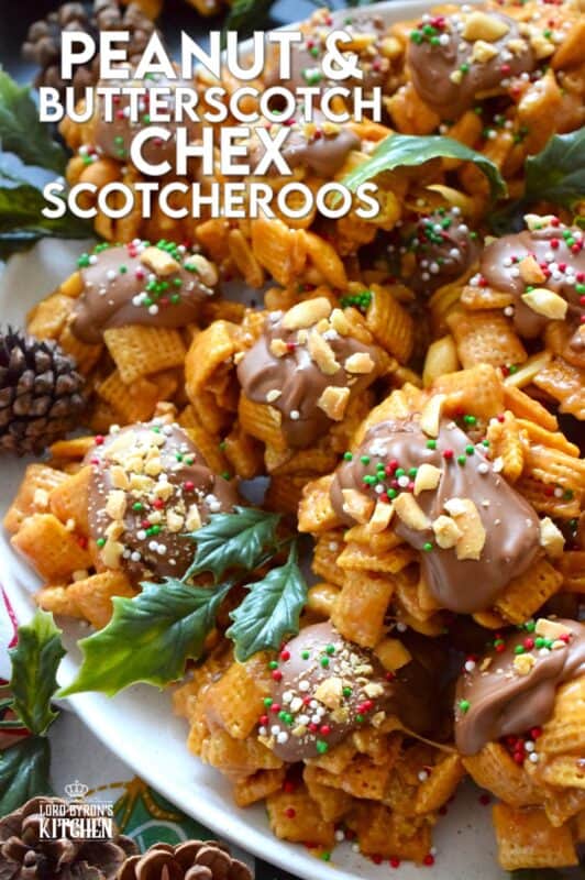 Everyone loves a no-bake treat and this one is just perfect! Peanut and Butterscotch Chex Scotcheroos are prepared with peanut butter, butterscotch baking chips, and milk chocolate as well! Top these treats with chopped salted peanuts and sprinkles for added texture, flavour, and whimsy! #scotcheroos #chex #butterscotch #peanutbutter #nobake