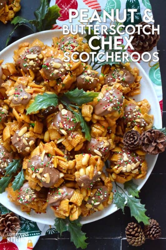 Everyone loves a no-bake treat and this one is just perfect! Peanut and Butterscotch Chex Scotcheroos are prepared with peanut butter, butterscotch baking chips, and milk chocolate as well! Top these treats with chopped salted peanuts and sprinkles for added texture, flavour, and whimsy! #scotcheroos #chex #butterscotch #peanutbutter #nobake