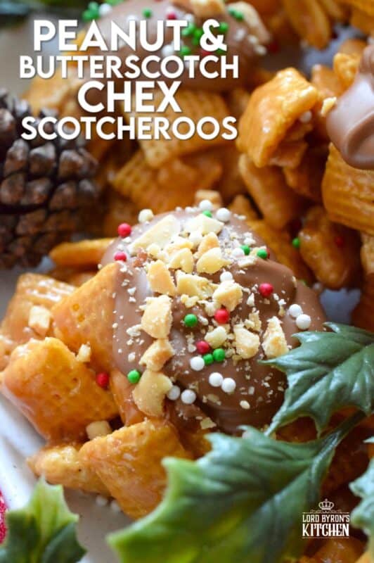 Everyone loves a no-bake treat and this one is just perfect! Peanut and Butterscotch Chex Scotcheroos are prepared with peanut butter, butterscotch baking chips, and milk chocolate as well! Top these treats with chopped salted peanuts and sprinkles for added texture, flavour, and whimsy! #scotcheroos #chex #butterscotch #peanutbutter #nobake