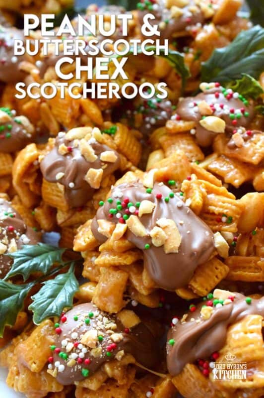Everyone loves a no-bake treat and this one is just perfect! Peanut and Butterscotch Chex Scotcheroos are prepared with peanut butter, butterscotch baking chips, and milk chocolate as well! Top these treats with chopped salted peanuts and sprinkles for added texture, flavour, and whimsy! #scotcheroos #chex #butterscotch #peanutbutter #nobake